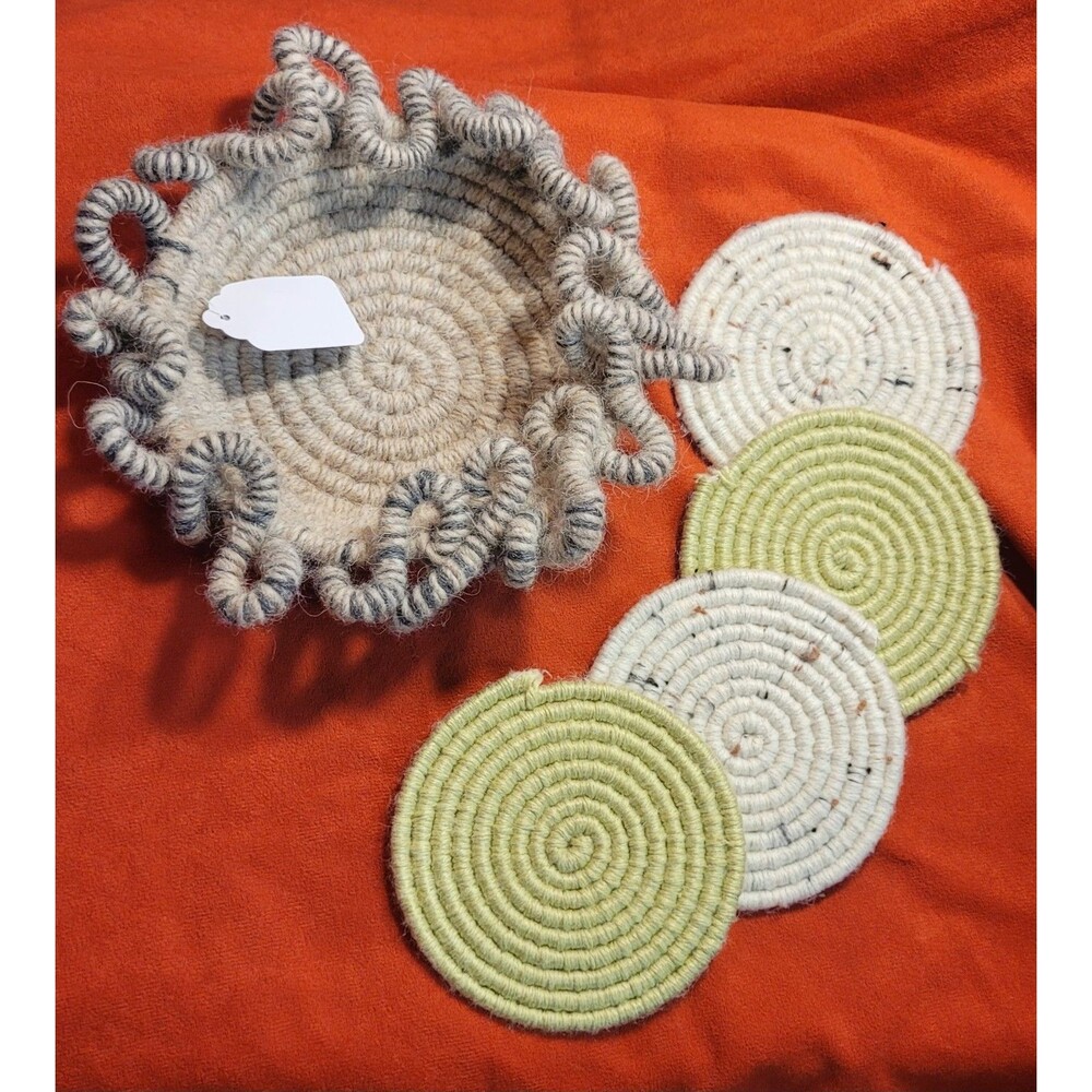 5 Pc BOHO Handwoven Coaster Set & Basket